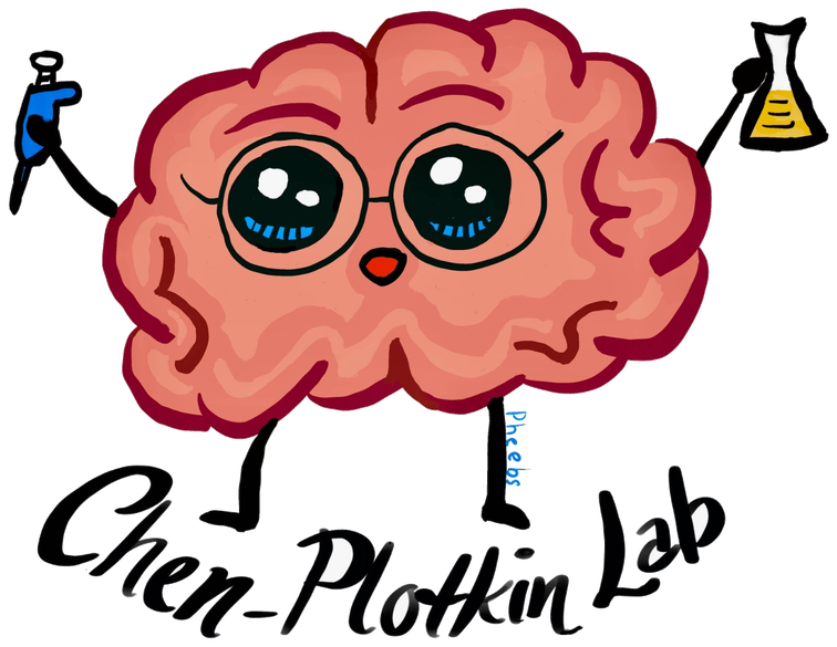 Chen-Plotkin Lab: a cartoon brain in glasses holding a test tube and a flask.